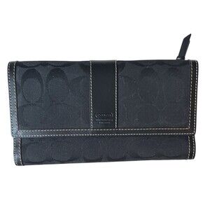 Coach Signature C Jacquard Leather Trim Black Trifold Wallet 8 x 4-1/4"